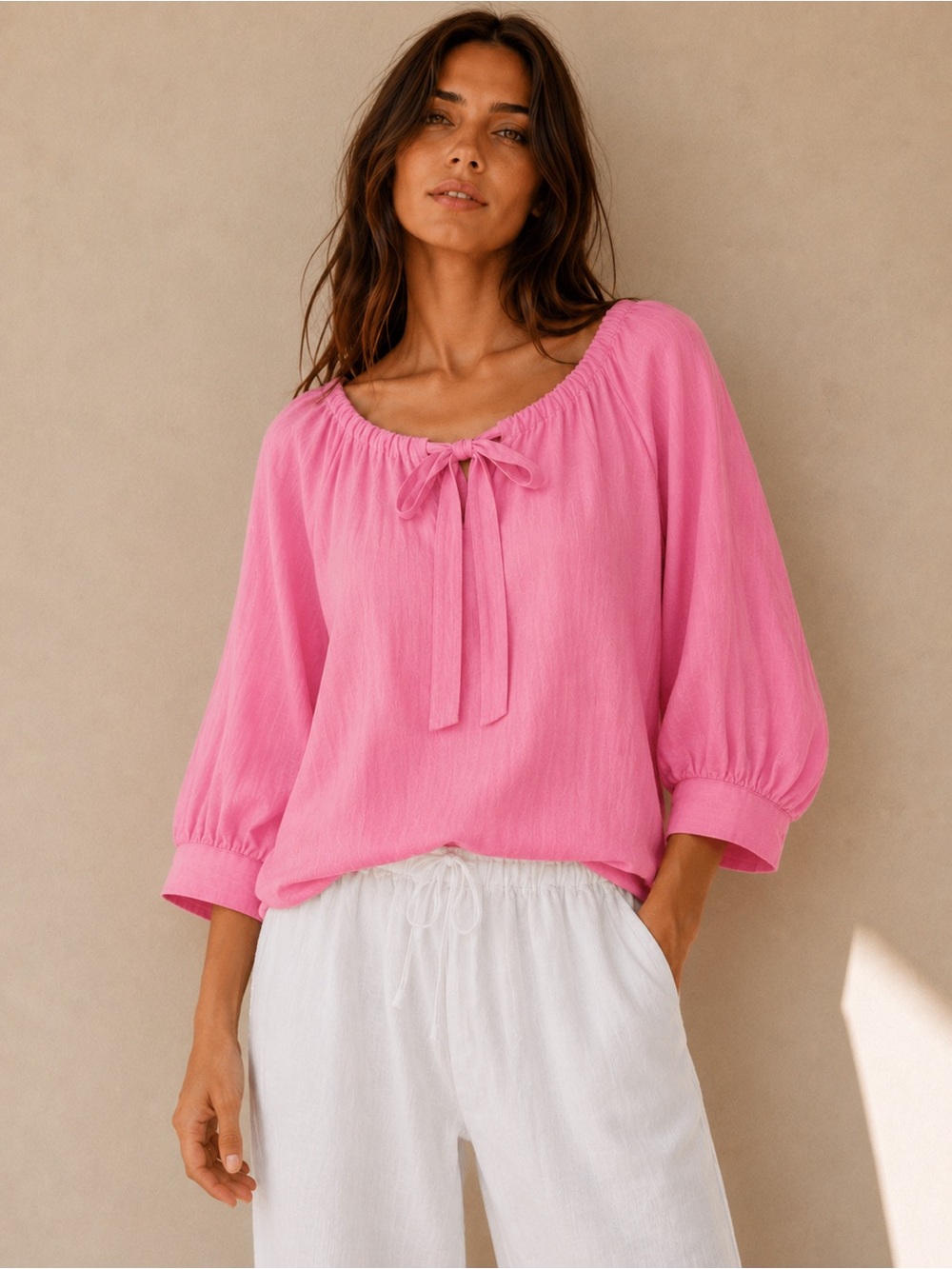 CP Shades Pink Linen Scoop Neck Peasant Blouse Sz S